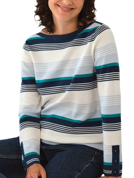 Pure Collection Cotton Blend Stripe Boat Neck Jumper, Multi/Blue, Multi/Blue