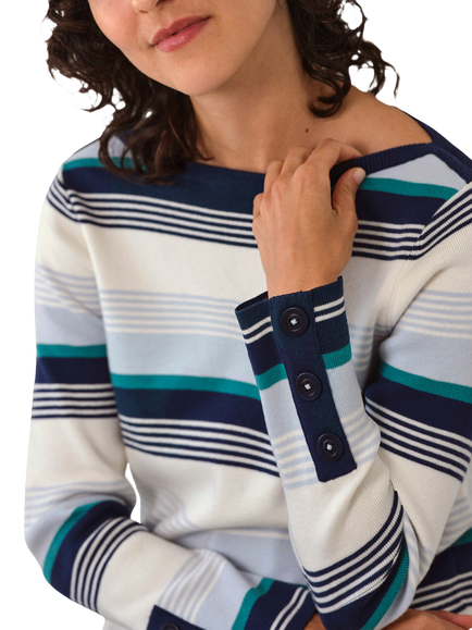 Pure Collection Cotton Blend Stripe Boat Neck Jumper, Multi/Blue - view 2, Multi/Blue