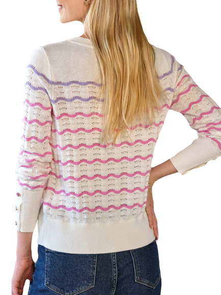 Pure Collection Wool Blend Zig Zag Stripe Crew Neck Jumper, Ivory/Pink/Lilac - view 2, Ivory/Pink/Lilac