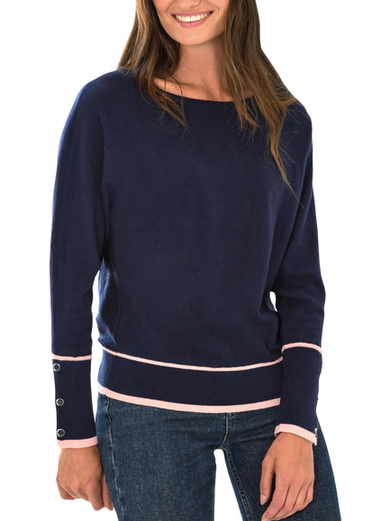 Pure Collection Cotton Blend Tipped Dolman Button Jumper, Navy/Pink, Navy/Pink