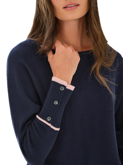 Pure Collection Cotton Blend Tipped Dolman Button Jumper, Navy/Pink - view 2, Navy/Pink