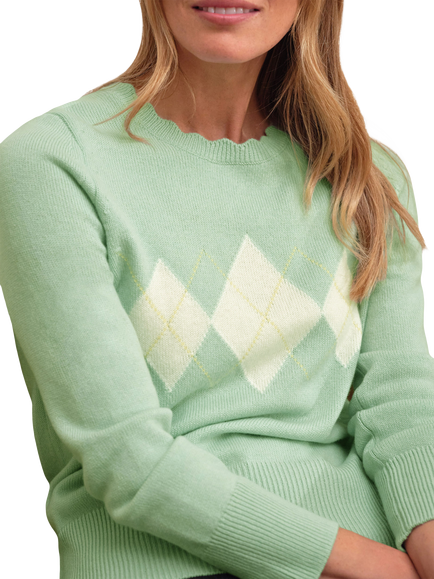 Pure Collection Wool Rich Diamond Argyle Jumper, Soft Green Ivory - view 2, Soft Green Ivory