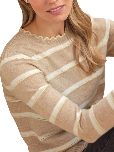 Pure Collection Wool Rich Stripe Pointelle Crew Neck Jumper, Camel/White - view 2, Camel/White