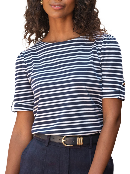 Pure Collection Button Tab Sleeve Stripe T-Shirt, Navy, Navy
