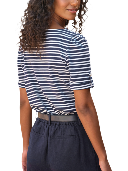 Pure Collection Button Tab Sleeve Stripe T-Shirt, Navy - view 2, Navy