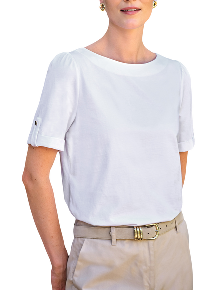 Pure Collection Button Tab Sleeve T-Shirt, Ivory