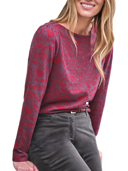 Pure Collection Cotton Jacquard Long Sleeve Shirt, Deep Red, Deep Red