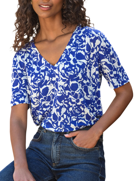 Pure Collection Linen Floral V-Neck T-Shirt, Blue, Blue