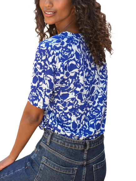 Pure Collection Linen Floral V-Neck T-Shirt, Blue - view 2, Blue