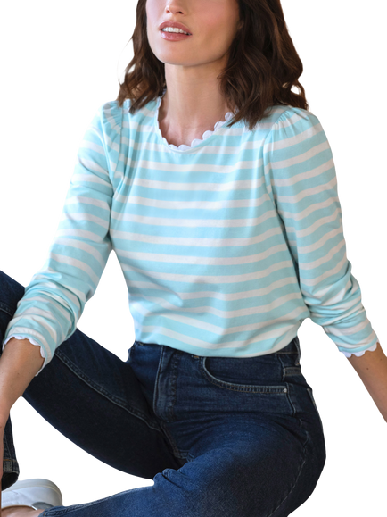 Pure Collection Scalloped Ric Rac Striped Top, Aqua, Aqua