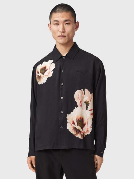 AllSaints Floraison Cotton Rich Loose Fit Floral Shirt, Black, Black