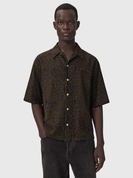 AllSaints Leopardo Tencel Rich Loose Fit Animal Shirt, Brown, Hot Choc Brown