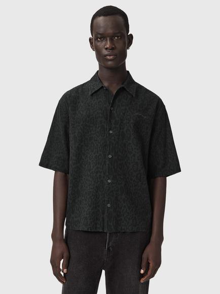 AllSaints Leopardo Cotton Loose Fit Animal Shirt, Iron Black, Iron Black