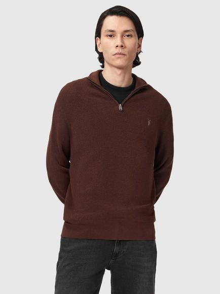 AllSaints Aspen Cotton Rich  Zip Funnel Neck Jumper, Hot Chocolate Brown, Hot Chocolate Brown