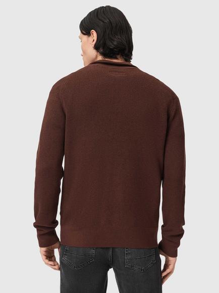 AllSaints Aspen Cotton Rich  Zip Funnel Neck Jumper, Hot Chocolate Brown - view 2, Hot Chocolate Brown