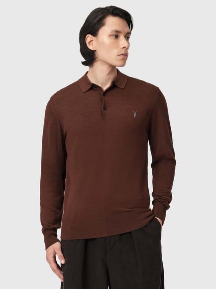 AllSaints Mode Merino Wool Long Sleeve Polo Shirt, Hot Chocolate Brown, Hot Chocolate Brown