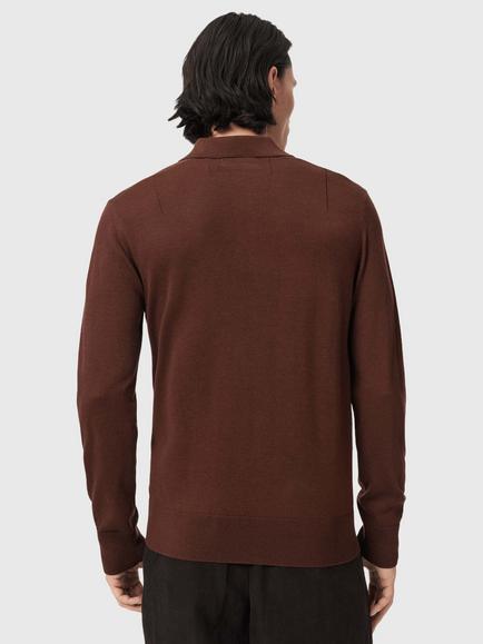 AllSaints Mode Merino Wool Long Sleeve Polo Shirt, Hot Chocolate Brown - view 2, Hot Chocolate Brown