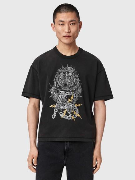 AllSaints Iron Tiger Cotton Loose Fit Short Sleeve T-Shirt, Washed Black, Washed Black