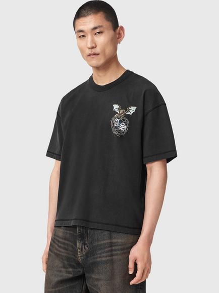 AllSaints Wyvern Cotton Loose Fit Short Sleeve Graphic T-Shirt, Washed Black, Washed Black