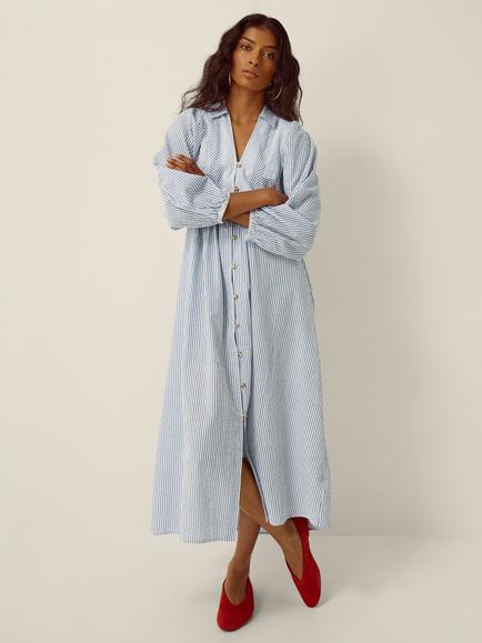 Monsoon Callie Stripe Midi Dress, Blue, Blue