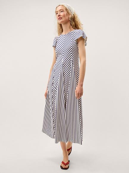 Monsoon Shola Stripe A Line Midi Dress, White/Navy, White/Navy