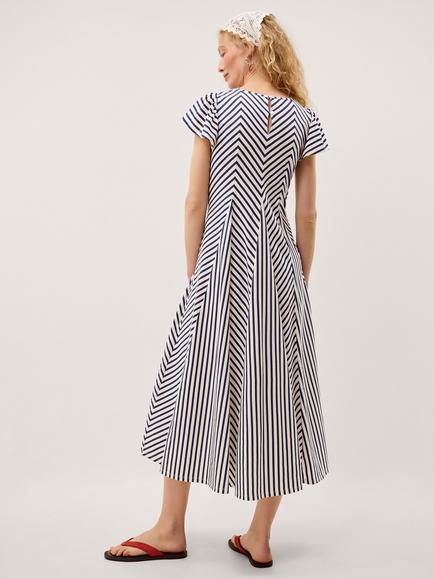 Monsoon Shola Stripe A Line Midi Dress, White/Navy - view 2, White/Navy