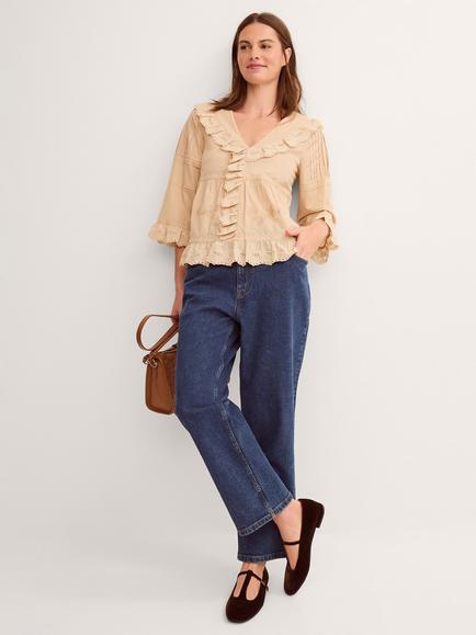 Monsoon Petra Embroidered Ruffle Blouse, Camel, Camel