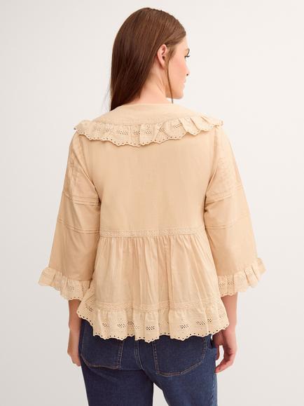 Monsoon Petra Embroidered Ruffle Blouse, Camel - view 2, Camel