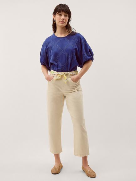 Monsoon Ellie Embroidered Puff Sleeve T-Shirt, Navy, Navy