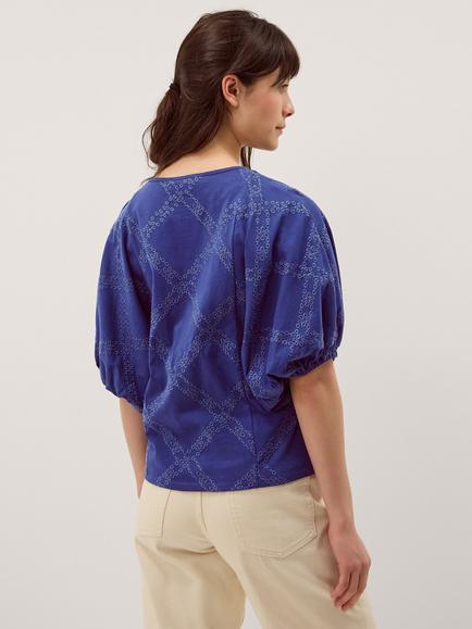 Monsoon Ellie Embroidered Puff Sleeve T-Shirt, Navy - view 2, Navy