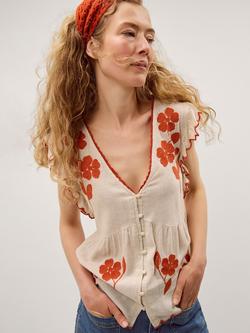 Monsoon Rhea Embroidered Linen Blend Top containing LENZING™ ECOVERO™ Viscose, Natural/Orange, Natural/Orange