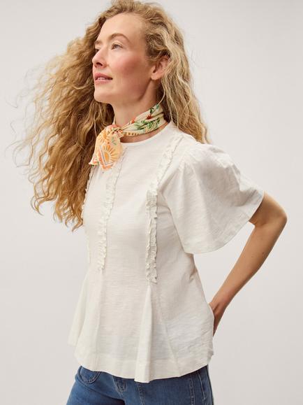 Monsoon Ria Ruffle Cotton Jersey T-Shirt, Ivory, Ivory