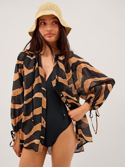 Monsoon Zahara Printed Shirt, Black/Camel, Black/Camel