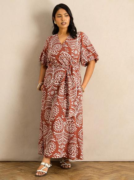 Live Unlimited Curve Abstract A-Line Maxi Dress, Brown, Brown