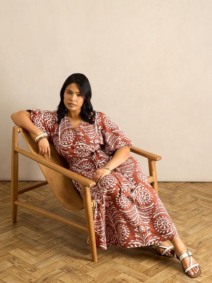 Live Unlimited Curve Abstract A-Line Maxi Dress, Brown - view 2, Brown
