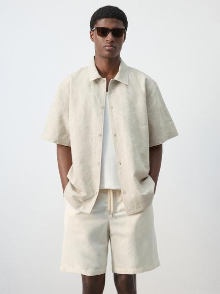 Mango Short Sleeve Cotton Blend Overshirt, Sand, Sand