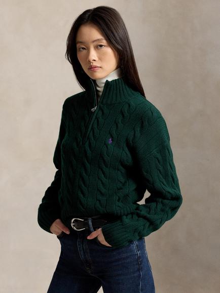 Polo Ralph Lauren Wool Rich Cable Knit Half Zip Jumper, Dark Green, Dark Green