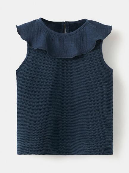 Mango Kids' Ruffled Collared Knitted Top, Navy, Navy