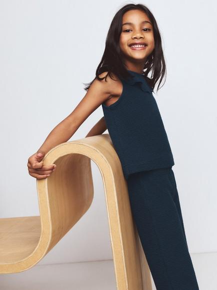 Mango Kids' Ruffled Collared Knitted Top, Navy - view 2, Navy