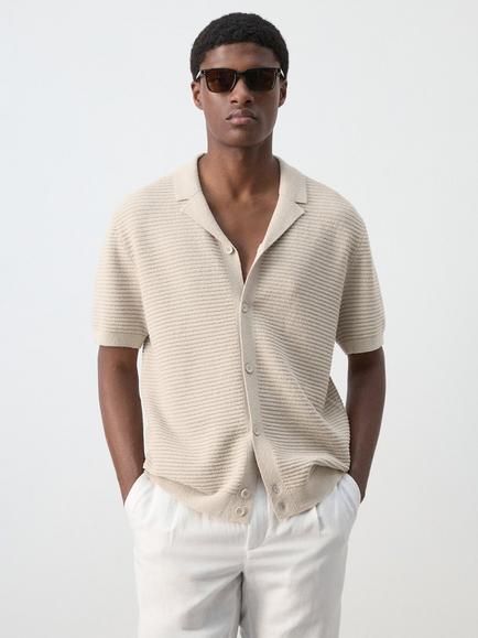 Mango Regular Fit Textured Short Sleeve Shirt, Sand, Sand