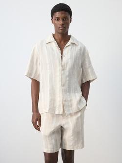 Mango Stripe Short Sleeve Linen Blend Shirt, Beige, Beige
