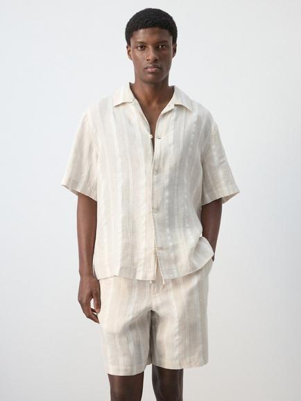 Mango Stripe Short Sleeve Linen Blend Shirt, Beige, Beige