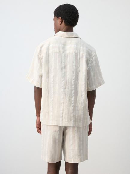 Mango Stripe Short Sleeve Linen Blend Shirt, Beige - view 2, Beige