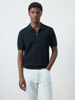 Mango Textured Cotton Knit Zip Front Short Sleeve Polo Shirt, Navy, Navy
