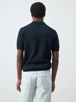 Mango Textured Cotton Knit Zip Front Short Sleeve Polo Shirt, Navy - view 2, Navy