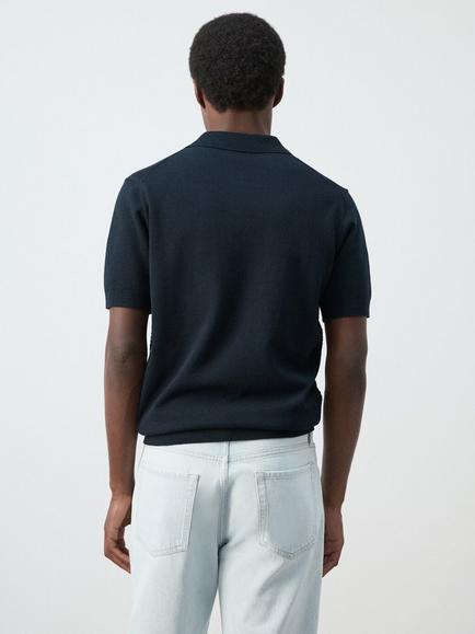 Mango Textured Cotton Knit Zip Front Short Sleeve Polo Shirt, Navy - view 2, Navy