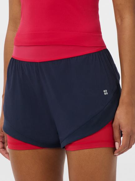 Sweaty Betty Tempo Run Two-in-One Colour Block Shorts, Navy/Red, Navy/Red