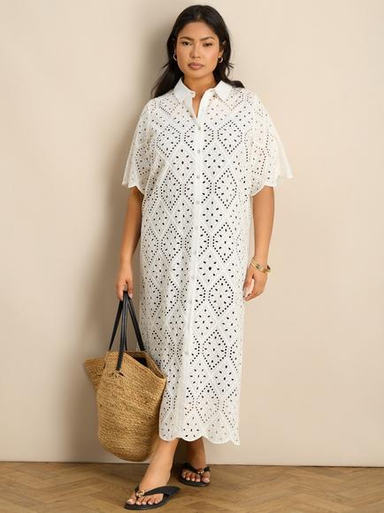 Live Unlimited Curve Broderie Shirt Midi Dress, White, White