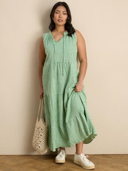Live Unlimited Curve Gingham Tiered Sleeveless Maxi Dress, Green, Green