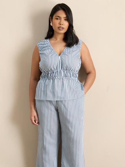 Live Unlimited Curve Stripe V-Neck Elasticated Peplum Top, Blue, Blue